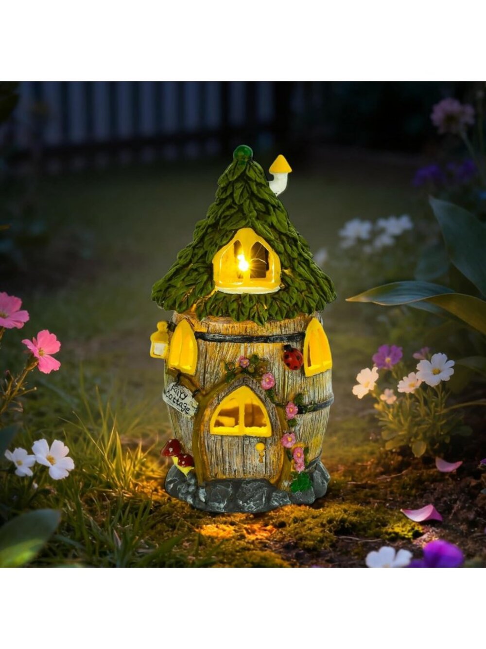 Solar-Powered Fairy Garden House with Outdoor Figurine Lights, 12 In